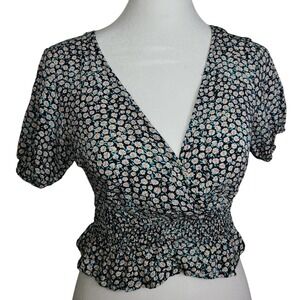 Sky & Sparrow Floral Open Back Tie Crop Top Cottagecore Smocked Blouse Size Sm